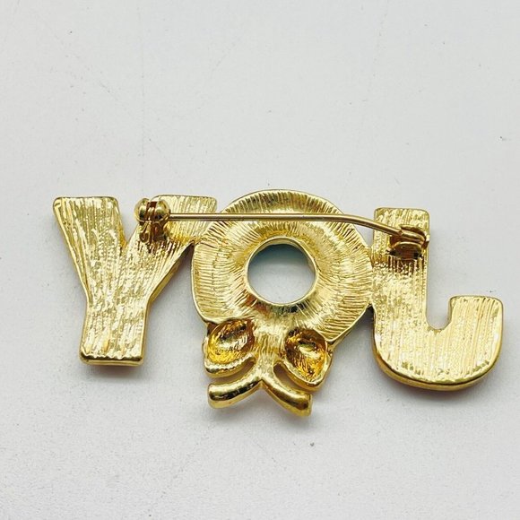 JOY Holiday Pin Enameled Gold Tone Green Red Rhinestone Accents Christmas Happy - Picture 5 of 6